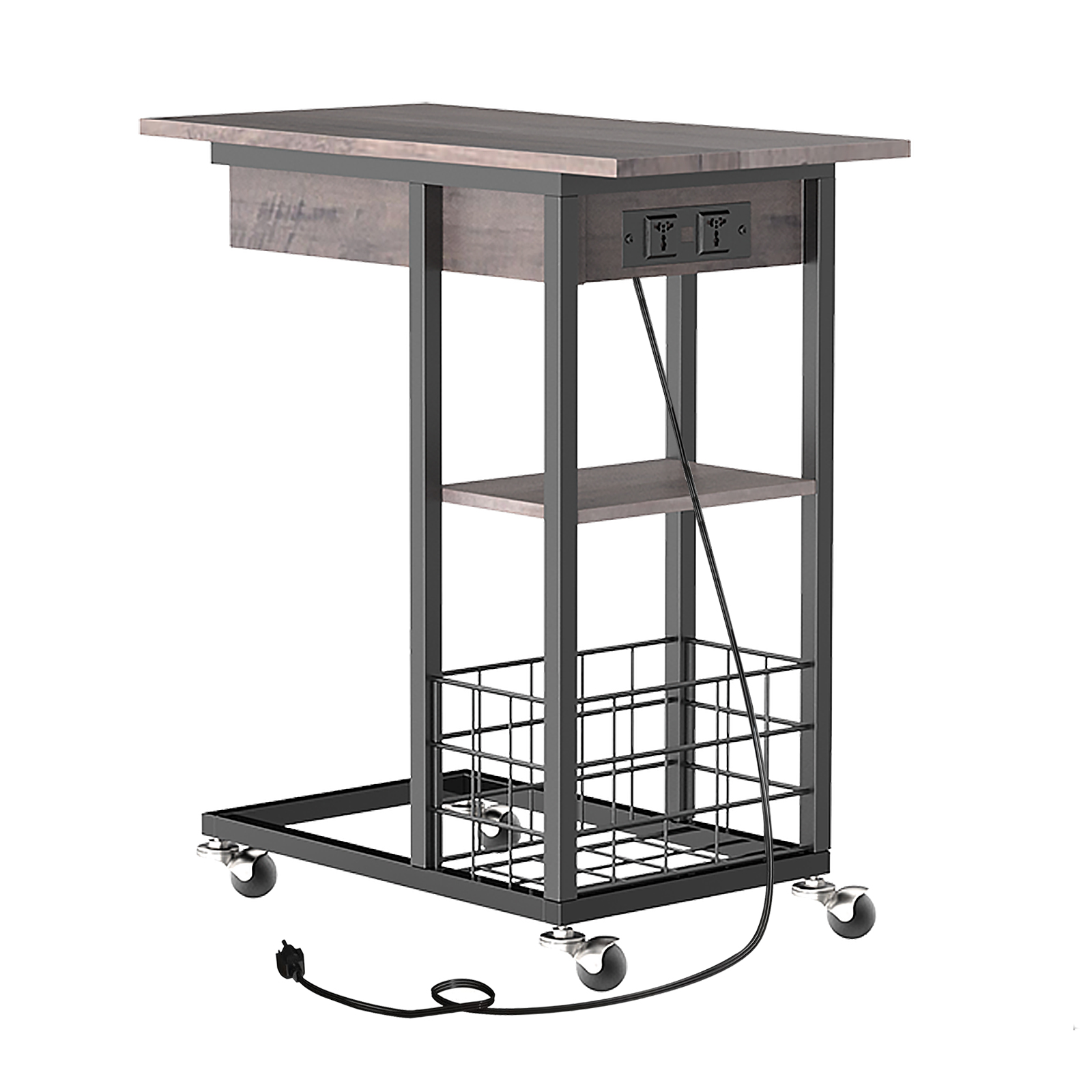 tall coffee table with charging station, with wheels and storage shelves, c shape side table, usb port and socket, sofa table for living room, bedroom, greige and black