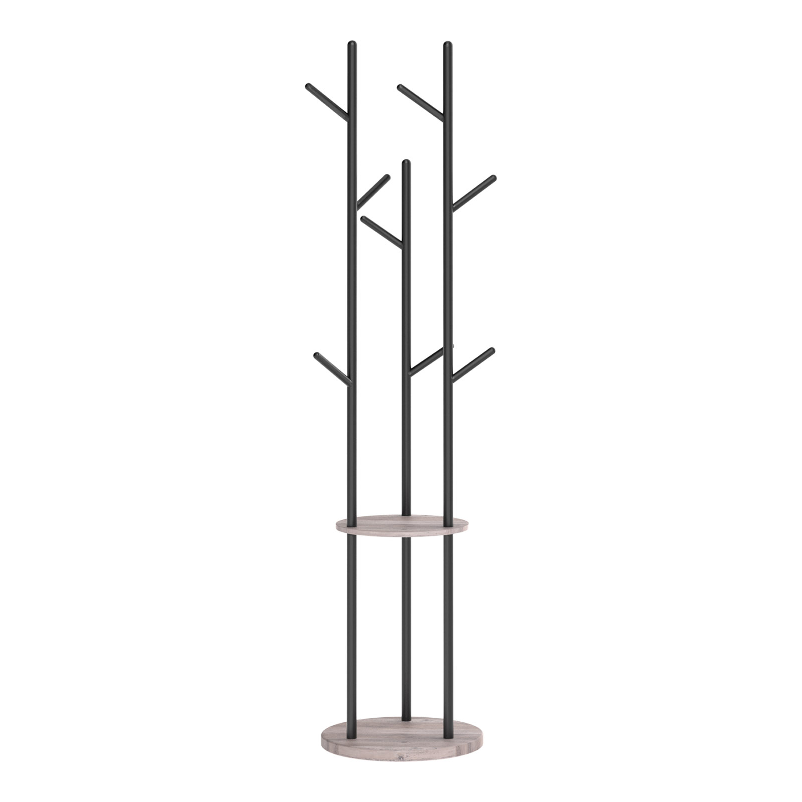 coat rack, freestanding clothes rack, tree shape coat rack with 8 hooks, 2 round shelves for clothes, hat, bag, living room, bedroom, office, grey black