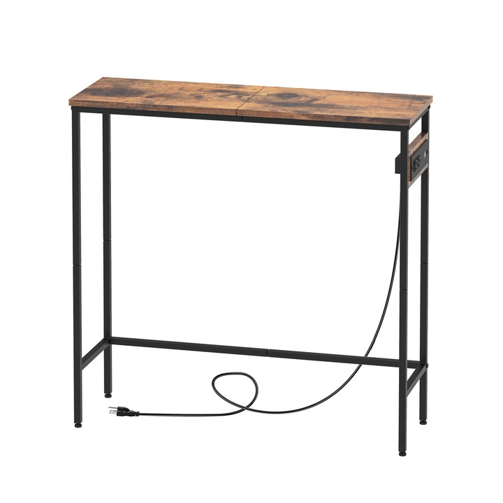 console table with power outlets, slim console table with charging station, hallway table, narrow sofa table for small spaces, hallway, entryway, living room, rustic brown and black