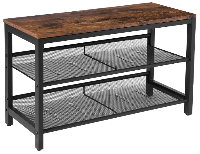 shoe bench, 3-tier shoe rack, industrial shoe storage unit flat & slant adjustable shoe organizer shelf for entryway, living room, hallway, easy assembly, rustic brown