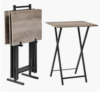 Folding TV Tray Tables, Set of 4 TV Trays with Storage Rack, Industrial Side Table for Eating at Couch, Foldable Snack Table for Small Space, Easy Assembly, Greige and Black