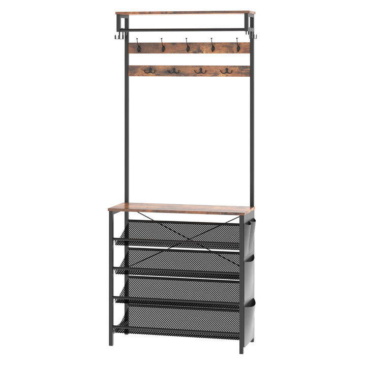 Hall Tree with Bench, Entryway Coat Rack with Shoe Rack, Shoe and Coat Rack, 5 Tier Shoe Storage Organizer with Oxford Fabric Side Pockets, Adjustable Mesh Shelves, Rustic Brown
