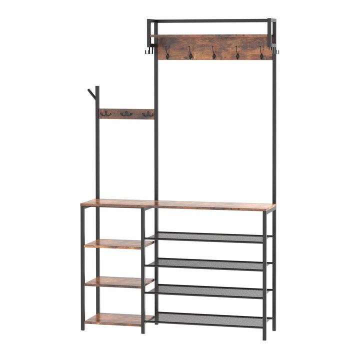 Hall Tree with Bench and Shoe Storage, Entryway Bench with Coat Rack, Shoe and Coat Rack for Entryway, Coat Rack with Shoe Storage and Reversible Storage Shelves, Rustic Brown