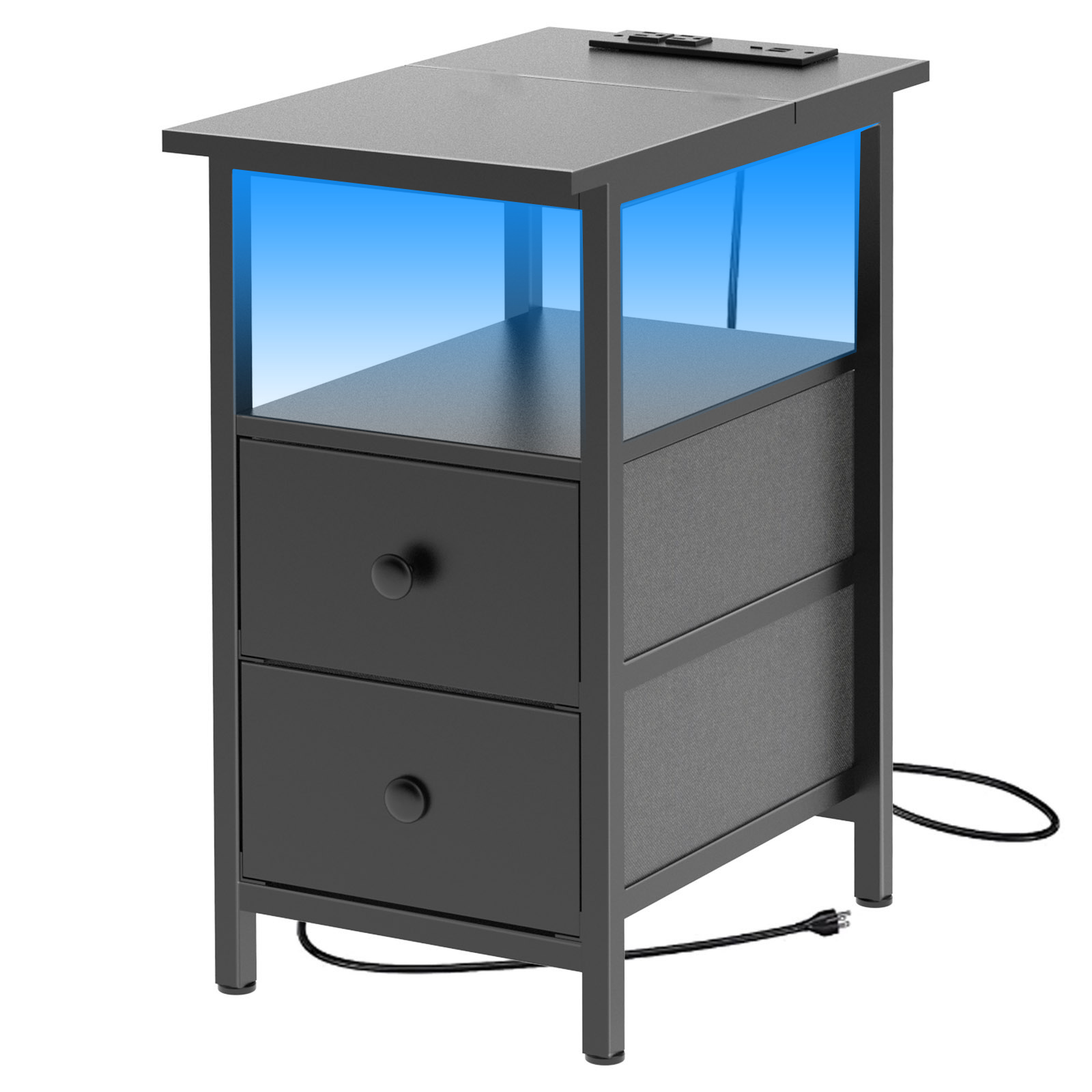 Black Narrow Side Table with LED Light and USB C Port, Night Stand with Charging Station, Skinny End Table with 2 Fabric Drawers, for Bedroom, Living Room