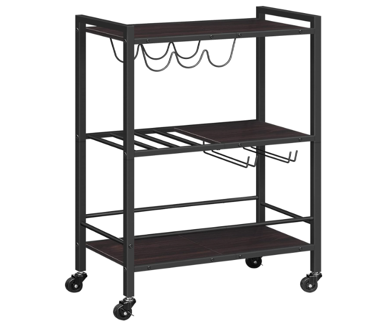 bar cart for the home, 3-tier kitchen cart with wheels, coffee cart, wine cart with wine rack and glass holder, rolling serving cart for living room, party, bar, walnut and black